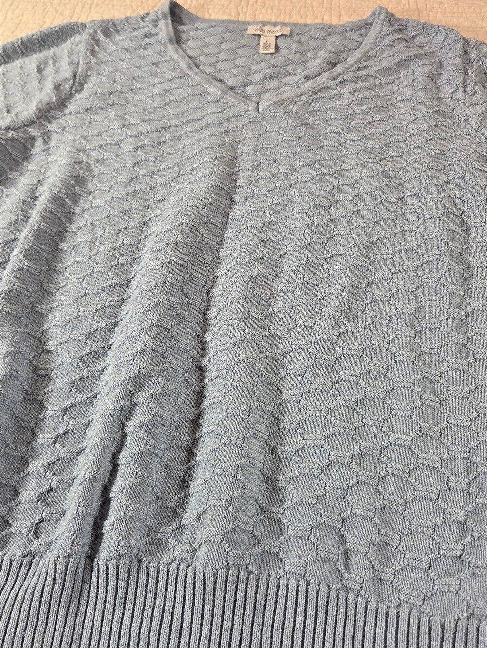 Ella Moss Honeycomb Knit Elbow Sleeve V-Neck Sweater Sky Blue-woman Lg - Picture 3 of 9